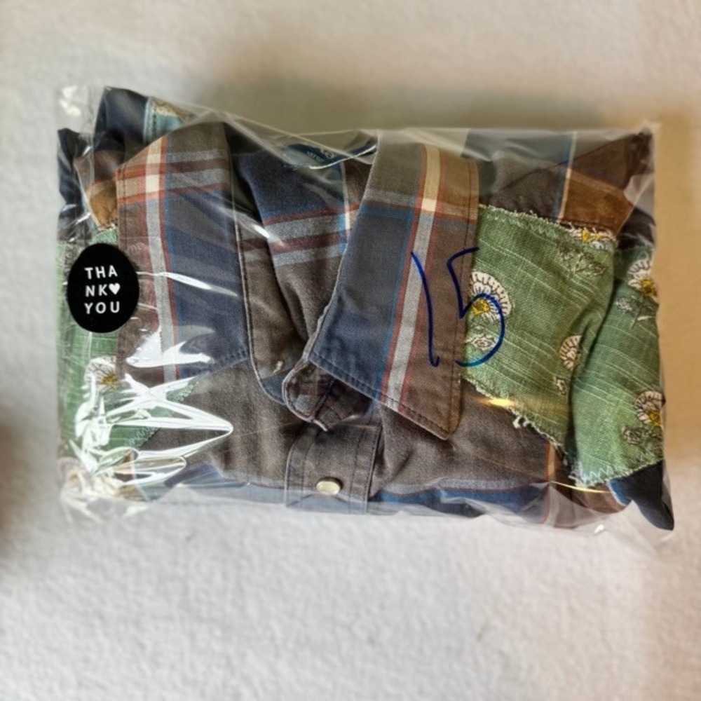 Upcycled Wrangler Custom Western Shirt Plaid Pearl Snap Bird Floral Blue Brown - Picture 8 of 8